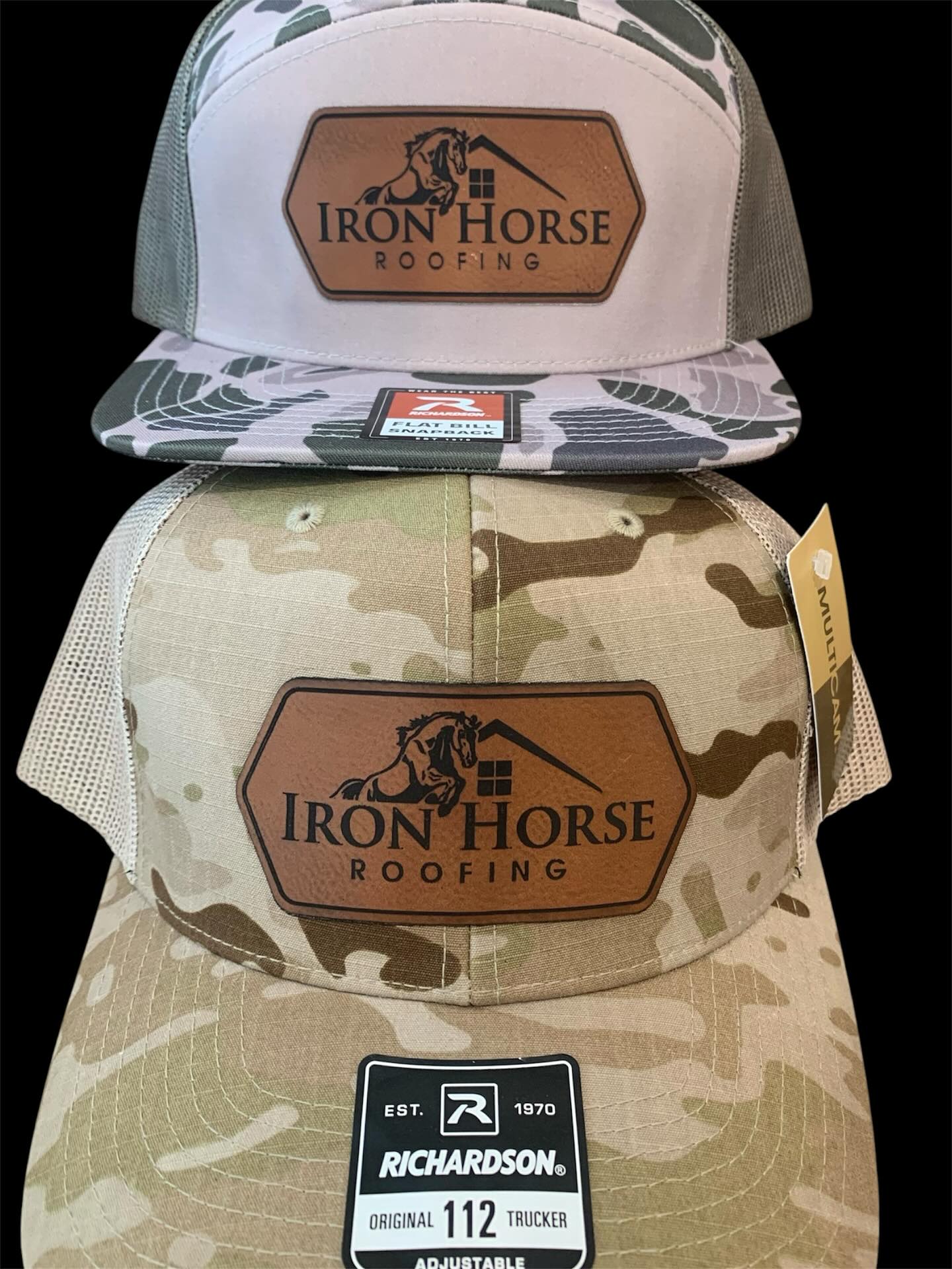 Iron Horse Roofing laser engraved leather patch hats by Prolific Printwear