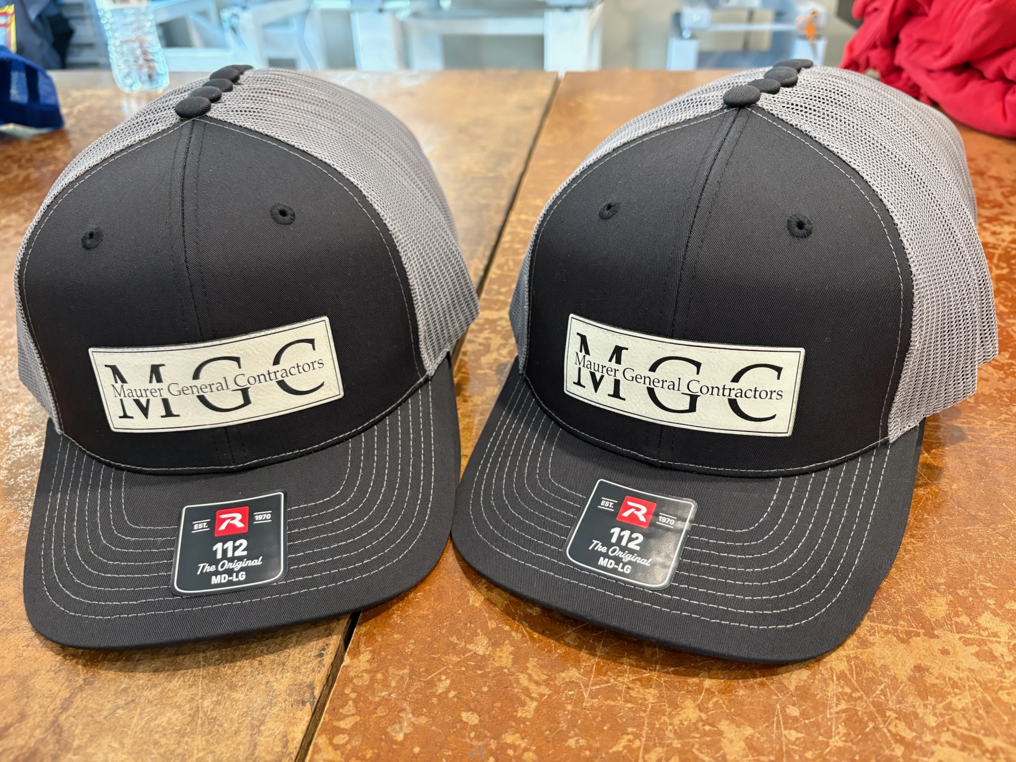 Maurer General Contractors laser engraved leather patch hats